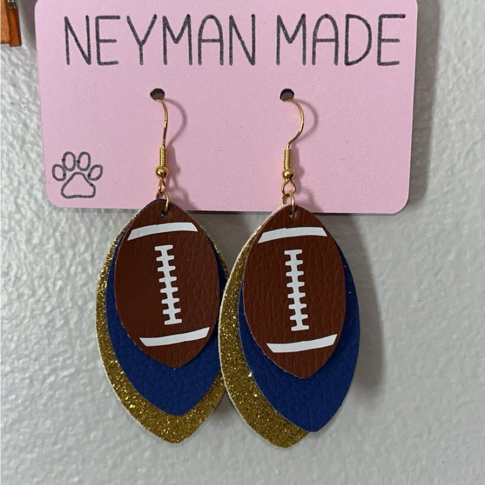 Football Leather Earrings with Gold and Blue Accents